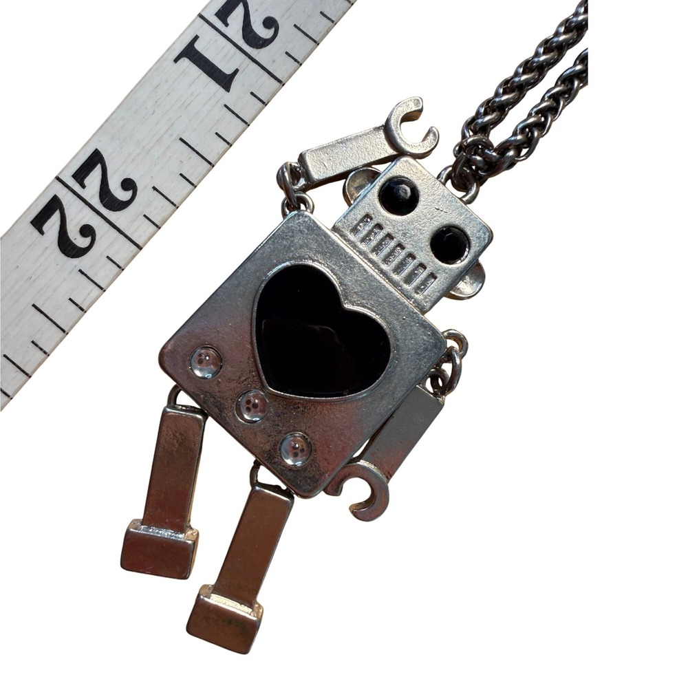 Silver Tone Black Heart Robot Pendant Necklace Long Chain Y2K Retro Statement